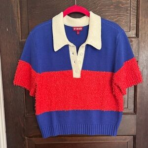 STAUD Blue and Red Textured Polo Sweater